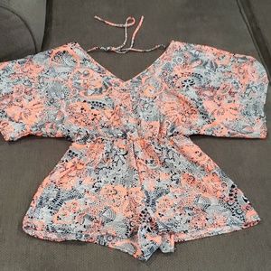 Neon orange, navy blue and white romper